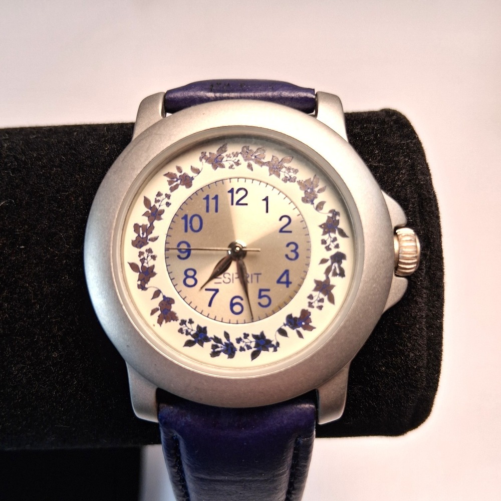Vintage Esprit Timewear Women's Watch - Floral Dial, Blue Leather Strap, SS Case